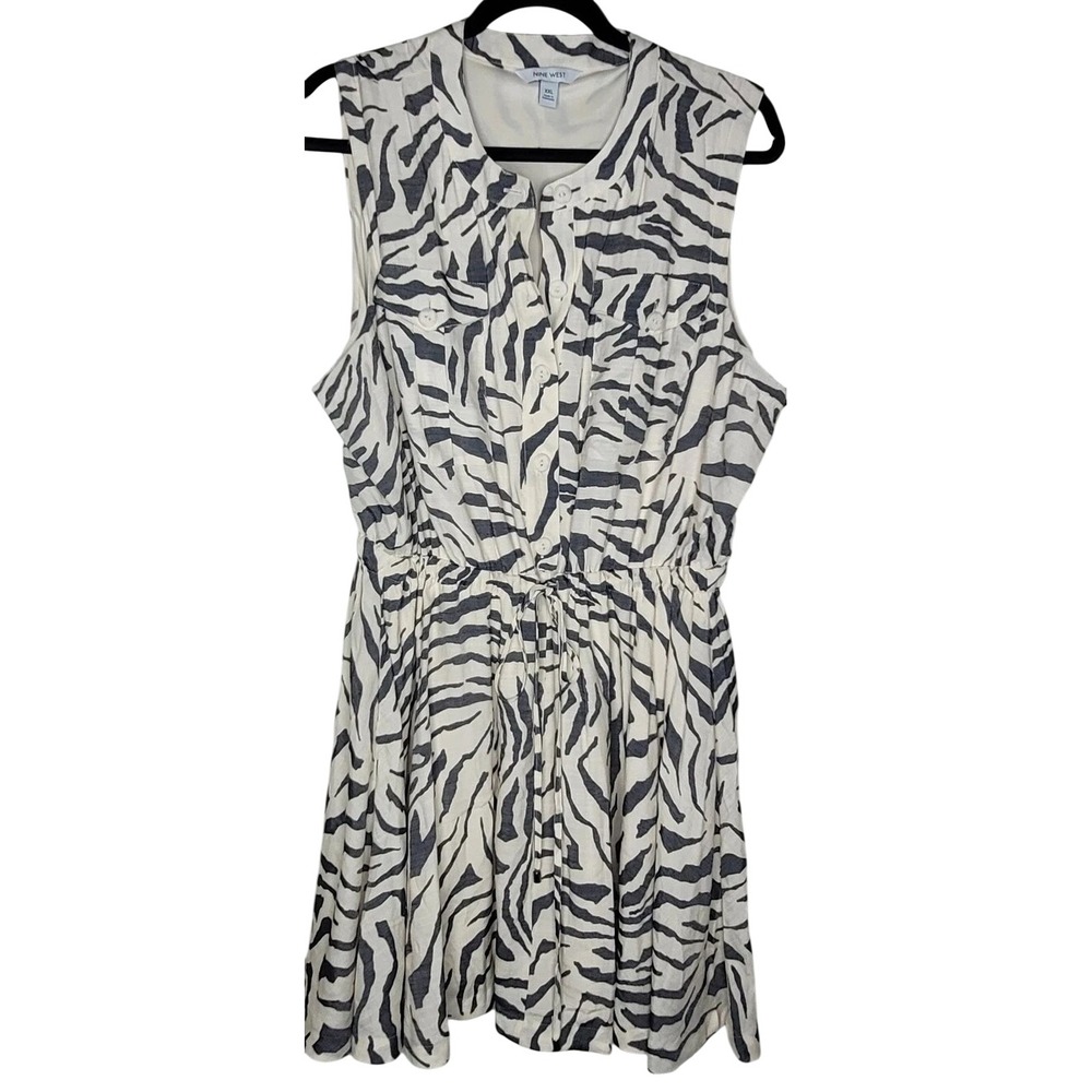 Nine West XXL White Black Zebra Shirt Dress Sleeveless Button Drawstring Pocket